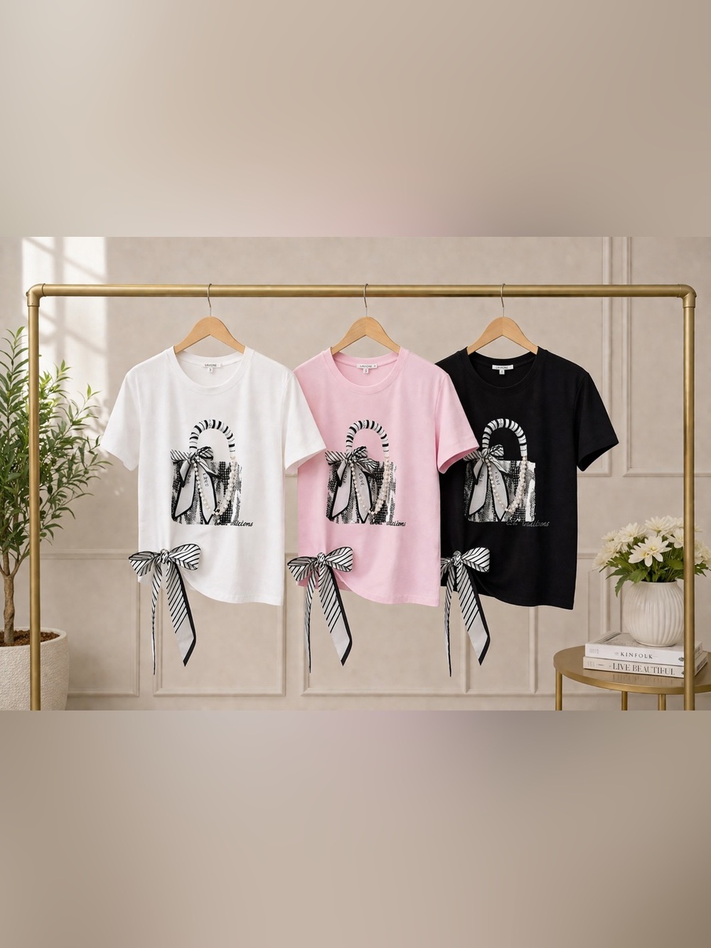 Luxe Bow Detail Graphic Tee – Chic Handbag Print Top